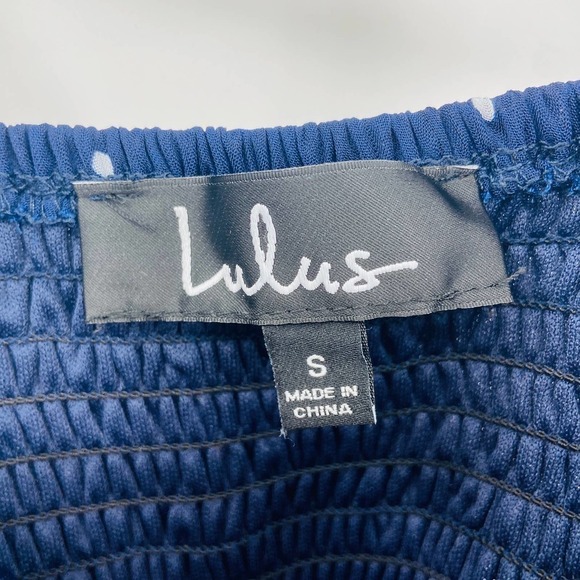 LULUS Dotty About You Navy Blue White Polka Dot Tie-Strap Short Dress Size Small - Picture 8 of 9